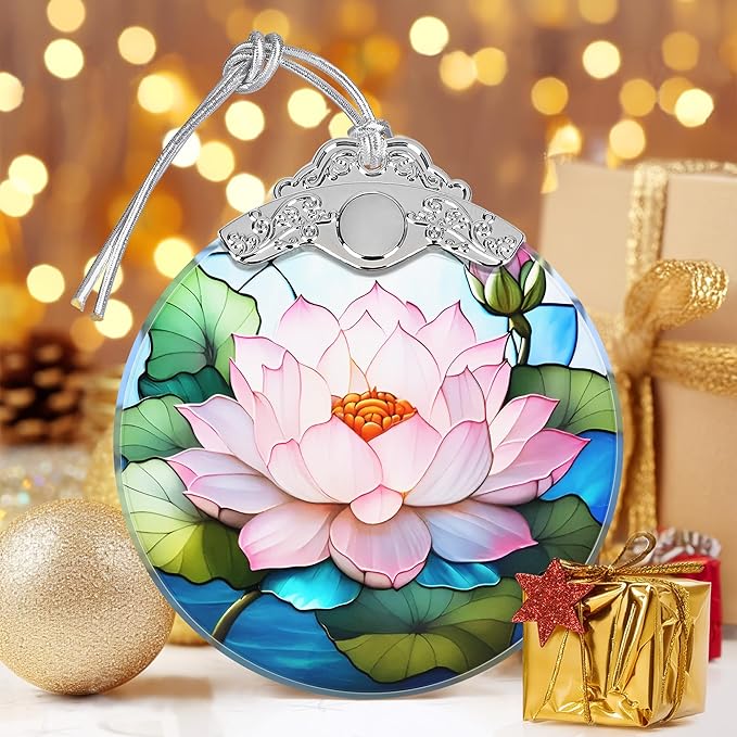 Lotus Stained Glass Ornament - Christmas Tree Decorations, Lotus Ornaments for Christmas Tree, Holiday Presents