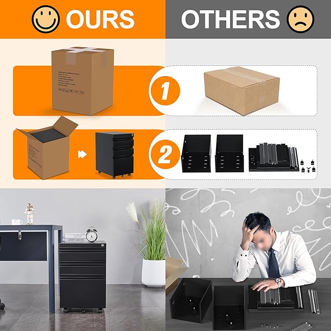 Aobabo Steel 3 Drawer Mobile File Cabinet with Lock, Under Desk Metal Filing Cabinet, 23.6''H A4/Legal/Letter Size Fully Assembled Except Wheels, Black