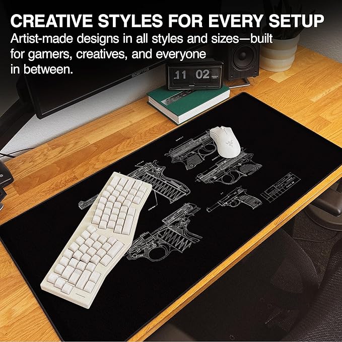 MPCO. Blueprints Large Gaming Desk Pad - 36" x 17" Aeroglyde Fabric Pistol 38 – Black Desk Mats - Non-Slip, Washable, Smooth Glide for Precision Gaming & Work