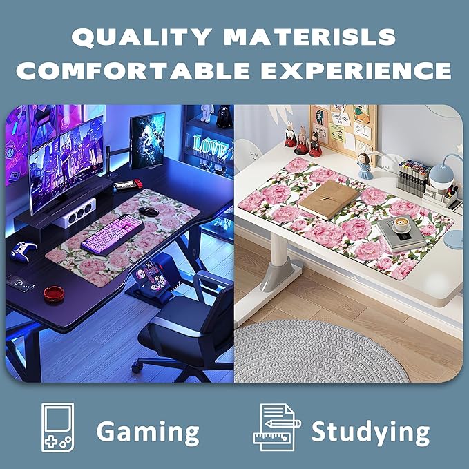 Large Mouse Pad Peony Flowers and Sakura Extended Gaming Mouse Pad Desk Mat Stitched Edges Mousepad Non-Slip Rubber Base Keyboard Pad for Laptop Computer PC 35.4 x 15.7 inches