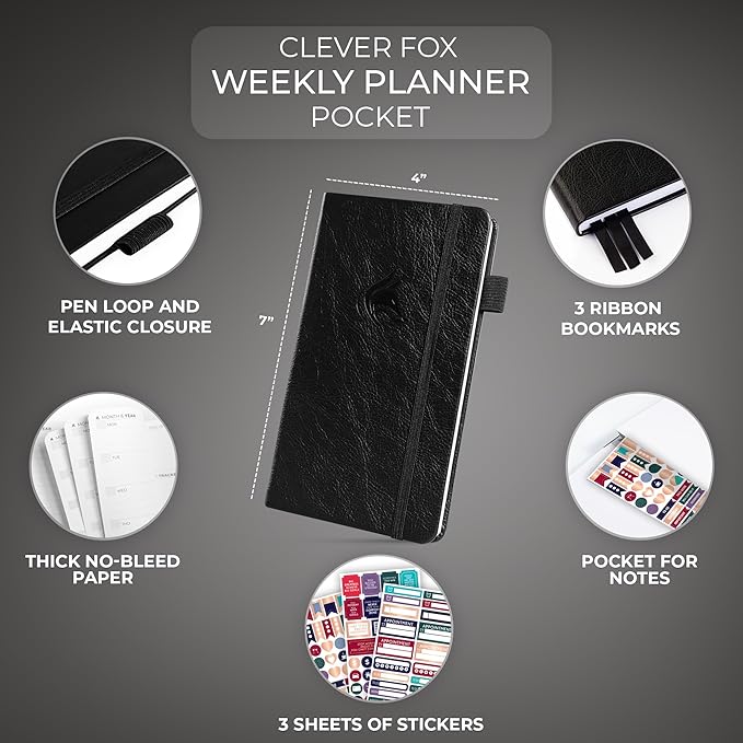 Clever Fox Pocket Planner Weekly – Undated Monthly Goal Planner and Calendar, Mini Planner Perfect for Purse, 3.7x6.7" (Black)