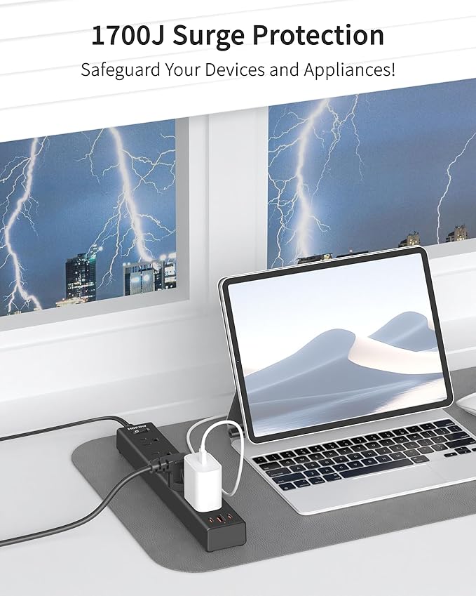 2 Prong Power Strip, 2 to 3 Prong Outlet Adapter with Polarized Plug, 1700J Surge Protector, 6ft Two Prong Extension Cord, 5 AC Outlets & 3 USB(5V 3.4A Max), Wall Mount for Non-Grounded Outlet