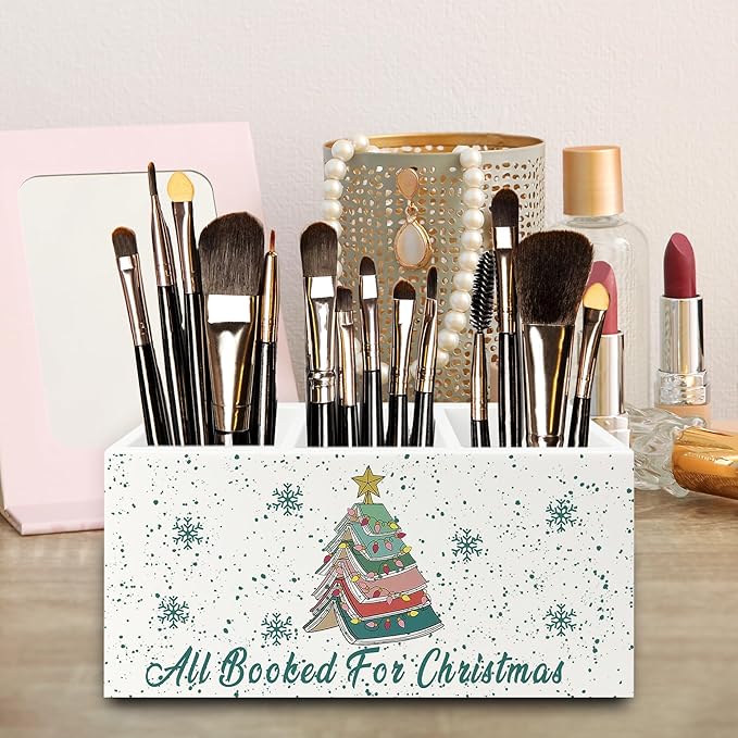 Christmas Book Tree Pen Pencil Holder Organizer for Desk, All Booked for Christmas Wooden Box Signs Decorations for Library Home Office Desk Tabletop, Book Lover Gifts