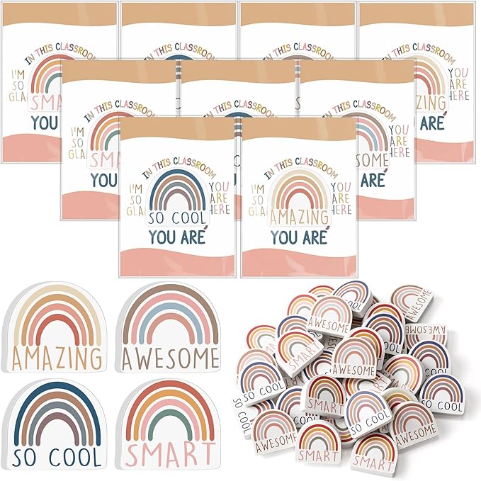 80 Sets Back to School Gifts for Students Rainbow Erasers Bulk with Greeting Cards 3D Novelty Desk Erasers for Kids Birthday Party Favors Classroom Rewards