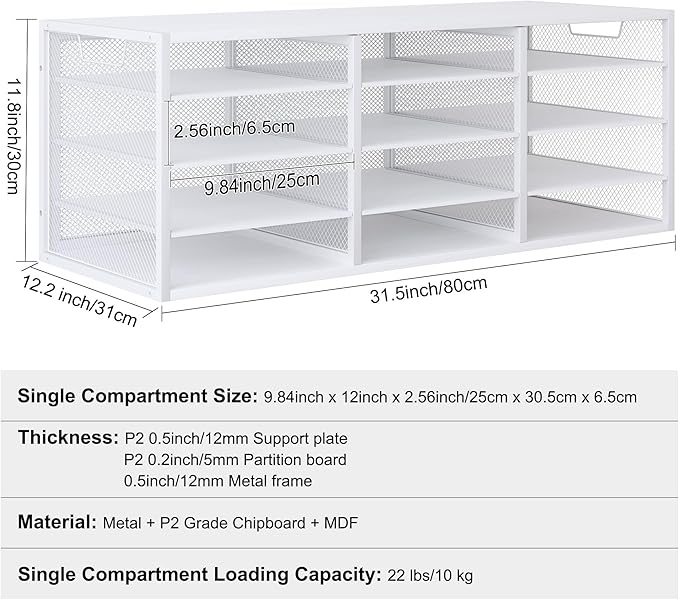 Mail Sorter Adjustable Countertop Mail Holder, Heavy Duty Literature Organizer, Student Mailbox for Classroom, Desktop Bill Paper Organizer for Office Home School, 12 Compartments, White