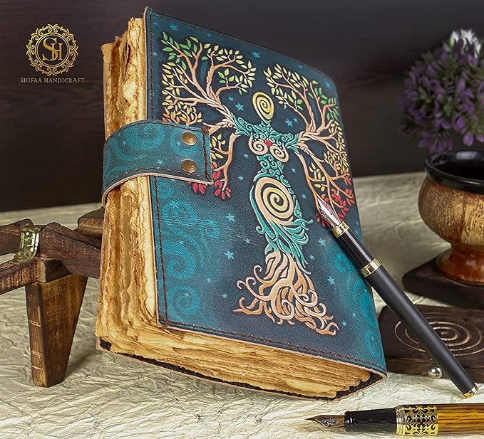 Blank Spell Book Of Shadows Journal With Lock Clasp Prop Vintage Handmade Leather Diary Embossed Prayer Pagan Antique Witchcraft Supplies Wiccan Notebook Daily Witch Gifts Mystic Greek Mythology Goddess (10x7)