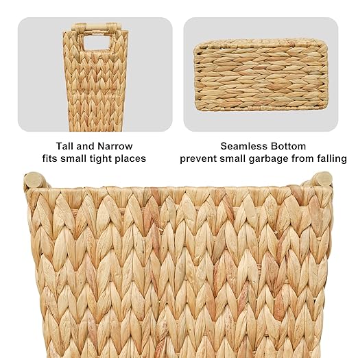 6 Gallon Wicker Trash Can with Wooden Handle,Wicker Waste Basket for Bathroom,Bedroom,Large Narrow Water Hyacinth Trash Basket,Rattan Boho Decor Farmhouse Bathroom Trash Can