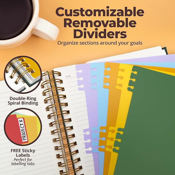 Hardcover Leather Lined Spiral Notebook 8x10" with Removable Dividers - Green - 300 Pages 5 Subject College Ruled Notebook for Work with Tabs, Pockets, and Pen Loop for Note Taking, Large Journal