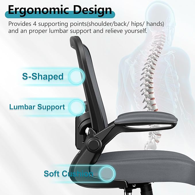 FelixKing Office Chair, Ergonomic Desk Chair Breathable Mesh Chairs with Adjustable High Back Lumbar Support Flip-up Armrests, Executive Swivel Comfy Task Computer Chairs for Home Office Dark Gray