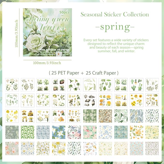 Snycler Scrapbooking Supplies, Vintage Journaling - 25 Sheets PET & 25 Sheets Paper Stickers, DIY Craft Stickers for Junk Journals, Ephemera Sticker Book, Green Leaf Themes, Pre-Cut Designs