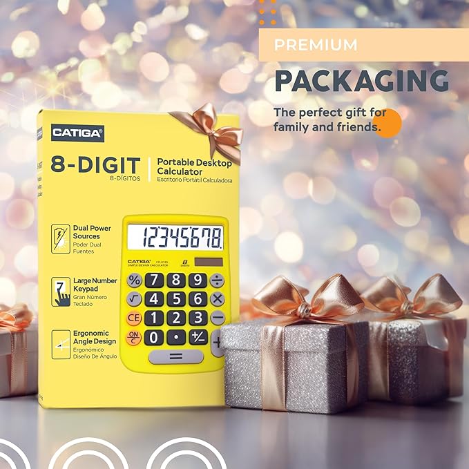 CATIGA Desktop Calculator 8 Digit with Solar Power and LCD Display, Big Buttons, for Home, Office, School, Class and Business, 4 Function Small Basic Calculators for Desk, CD-8185