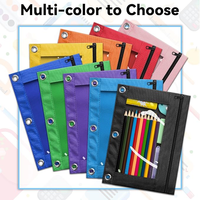 V-Opitos Pencil Pouch for 3 Ring Binder, 2 Pack Green 3-Holes Zipper Pencil Pouches, Sturdy and Durable Cloth Pencil Case with Clear Window for Office School College Supplies