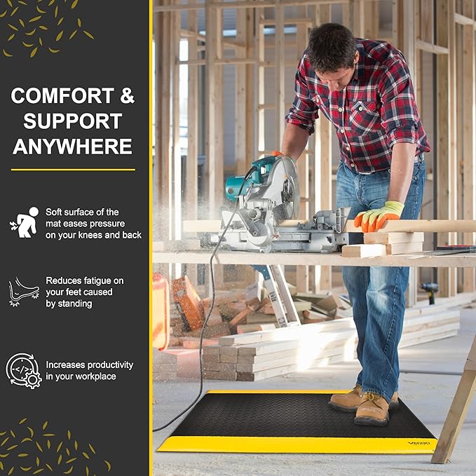 Vergo Industrial 15/16” Extra Thick Anti Fatigue Mat - Heavy Duty Commercial Grade Diamond Plate Ergonomic Standing, Non-Slip Black with Yellow Anti Fatigue Floor Mat for Work, Shop (1-Pack 2' x 3')