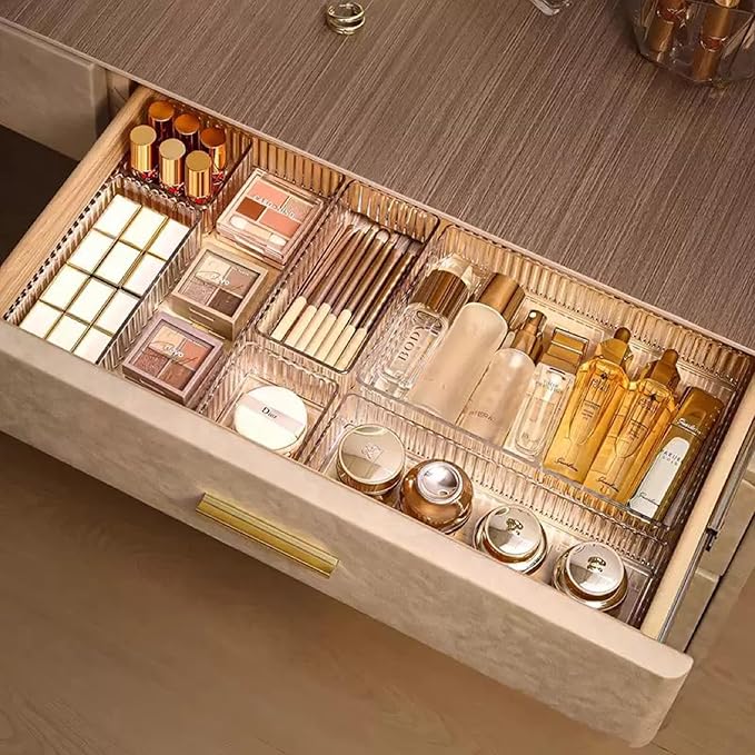 HOTOOLME 14PCS Clear Drawer Organizers Bins, 4 Size Clear Makeup Drawer Organizer, Stackable Vanity Drawer Organiser Trays, Bathroom Drawer Storage for Cosmetics, Office Supply