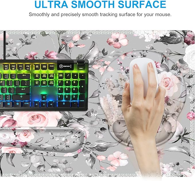 iCasso Large Mouse Pad Wrist Support Set, 4in1 XXL Big Mousepad + Keyboard Wrist Rest + Mouse Wrist Rest + Coaster Set with Ergonomic Design Gaming Mat for Home Office Table Computer - Pink Floral