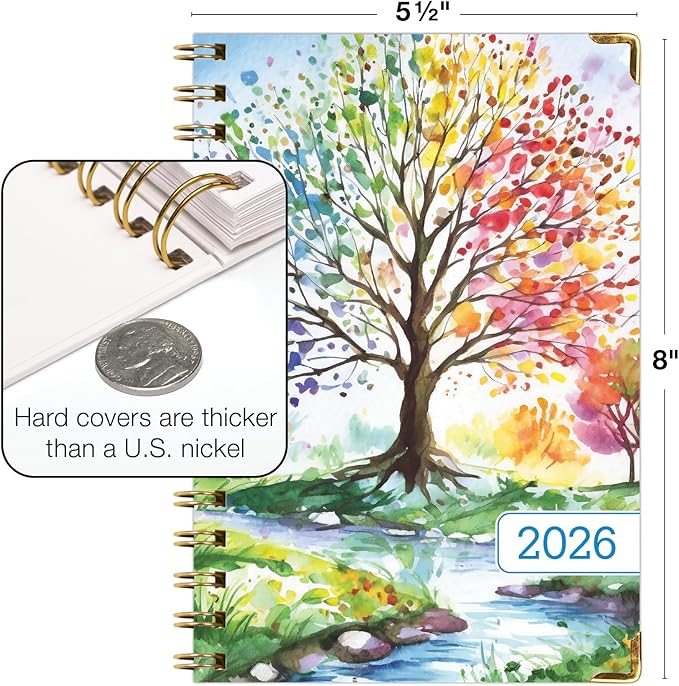 HARDCOVER 2026 Planner, 5.5"x8": 14 Months (November 2025 - December 2026), Daily Weekly Monthly Planner, Yearly Agenda, Bookmark, Pocket Folder and Sticky Note Set (Tree Seasons)