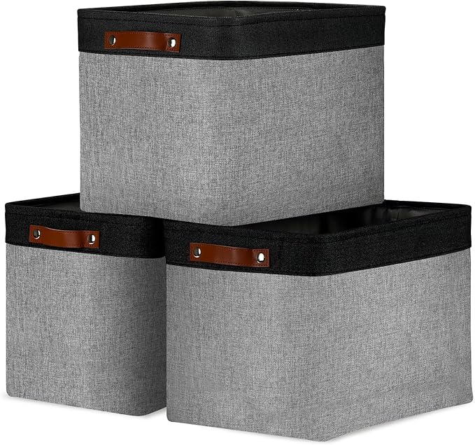 DULLEMELO Fabric Storage Bins - Decorative Large Baskets for Home Shelves & Bedroom, Canvas Toy Organizers (Black & Gray)