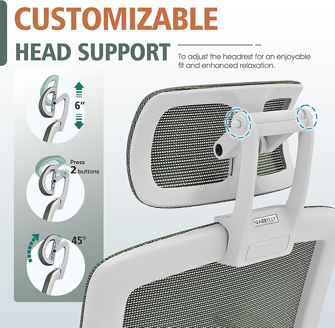 GABRYLLY Ergonomic Office Chair, High Back Home Desk Chair with Headrest, Flip-Up Arms, 90-120° Tilt Lock and Wide Cushion, 400LBS Mesh Chairs for Man Woman, White Task Chair(Olive Green,GY01WOG)