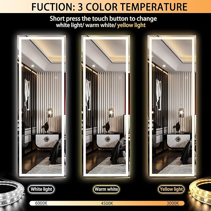 Hasipu Full Length Mirror with Lights, 56" x 15.8" LED Floor Mirror, Full Body Dressing Standing, Hanging Mounted Mirror for Living Room Bedroom Cloakroom, Square White