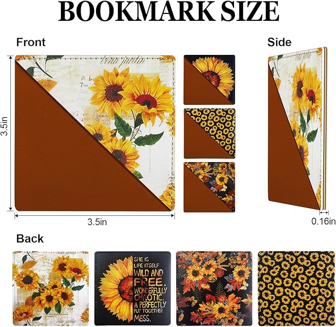 Personalized Leather Bookmarks, Fun Corner Pge Book Marks, Vintage Book Accessories for Reading Lovers Women Girls Student Teacher Kids Retirement Birthday Gifts (4 Pack Cute Sunflower)