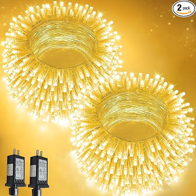 2-Pack 66FT 200 LED String Lights Indoor Outdoor Waterproof, Christmas Lights on Clear Wire, 13 Modes Twinkle Fairy String Lights for Xmas Tree Wedding Decorations Party Bedroom Garden (Warm White)