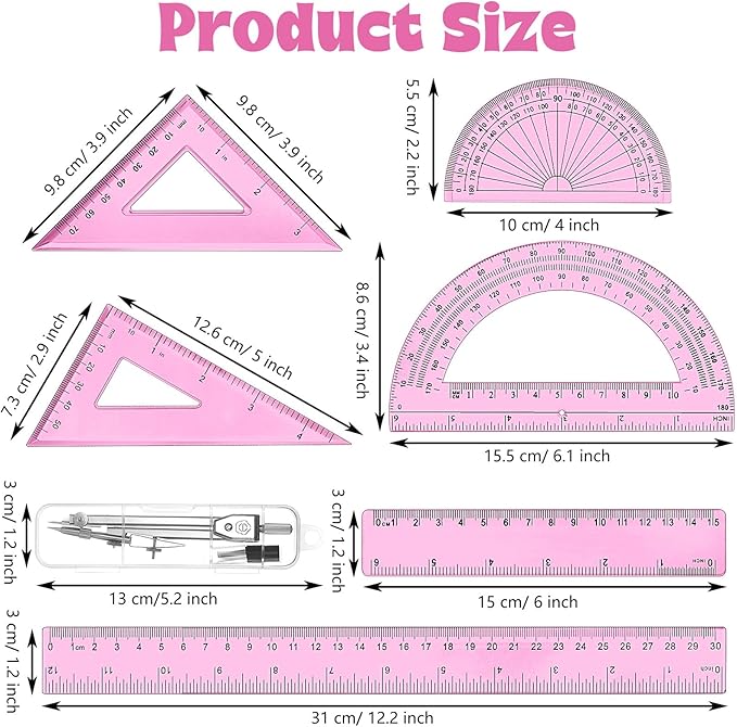 Zonon 1 Set Plastic Geometry Math Set Includes Drawing Compass, 6 Inch 4 Inch Protractor, 45/60 Degree Triangle Rulers 12 Inch 6 Inch Math Ruler Transparent for Office Supplies (Pink)