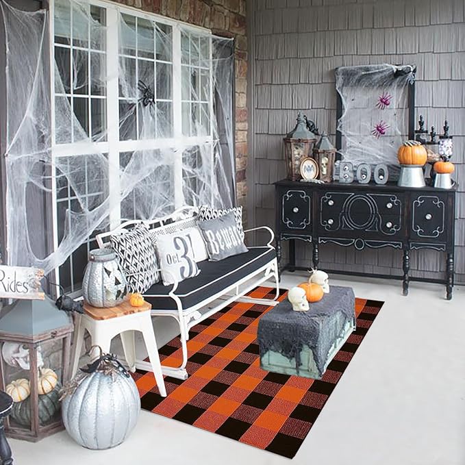 Buffalo Plaid Outdoor Rugs, 3'x5' Orange and Black Checkered Indoor/Outdoor Area Rug, Layering Rug for Hello/Welcome Door Mat, Washable Cotton Woven Farmhouse Mat for Fall Front Porch Décor