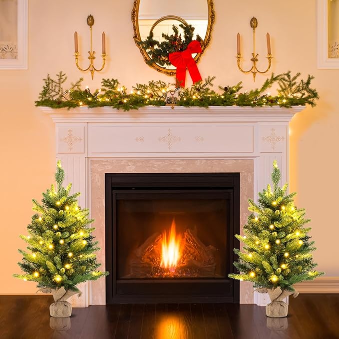 HAPPYGRILL 2 FT Tabletop Christmas Tree, Battery Operated Artificial Xmas Tree with 35 Warm White LED Lights, Small Spruce Fir Tree with 234 Tips and Solid Cement Base for Home Decor