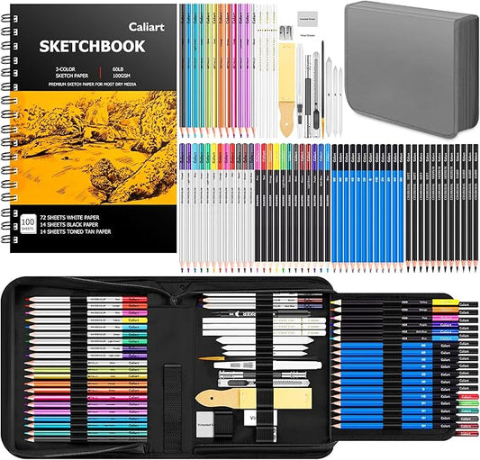 Caliart 176PCS Art Supplies Sketching Kit with 100 Sheets 3-Color Sketch Book, Graphite Colored Charcoal Watercolor & Metallic Pencils, School Supplies Gifts for Artists Adults Teens Girls Boys Kids