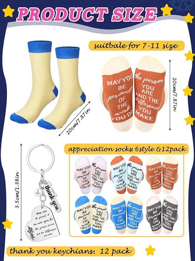 24 Pcs Employee Appreciation Gifts Thank You for All You Do Socks Stainless Steel Keychains for Staff Coworker Team