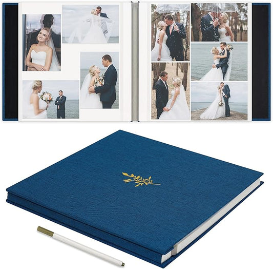 Self Adhesive Photo Album, Navy Blue Scrapbook Album with DIY 60 Blank Pages, Wedding Photo Album with A Metallic Pen for 4x6 5x7 2x3 Pictures, 10.6"x11"