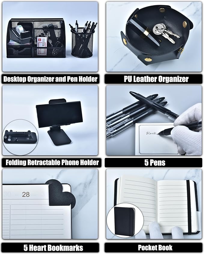 Black Desk Accessories, 24Pcs Office Supplies and Desk Organizers, with Tape Dispenser, Stapler, Staple Remover, Ect, Christmas Gifts