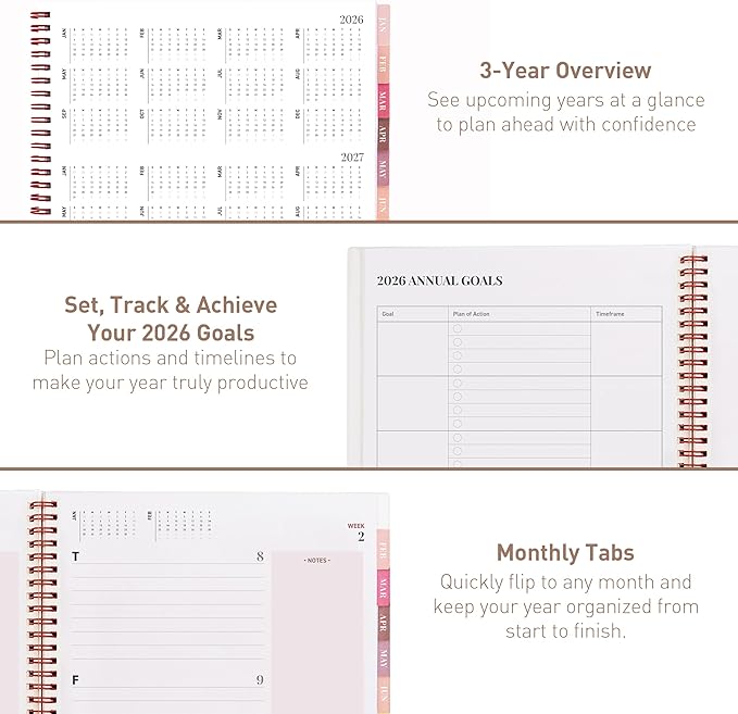 Rileys 2026 Planner, Agenda Planner With Weekly And Monthly View, Daily Agenda Book And Yearly Planners Calendar Book, Spiral Bound With Tabs, Notes, Goals And Holidays (Float, Pink, 8.5 x 11 in)