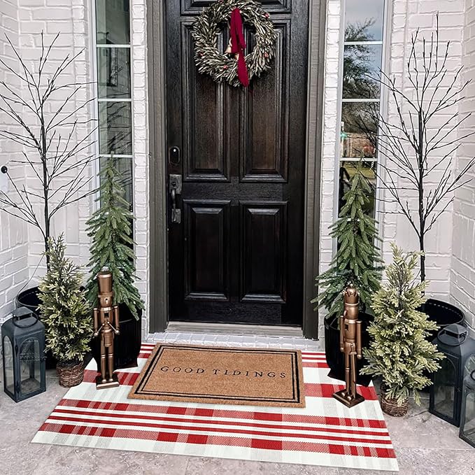 Christmas Plaid Outdoor Rug, 2'4" x 3'7" Red&White Check Indoor/Outdoor Area Rug, Layering Rug for Hello/Welcome Door Mat, Machine Washable Cotton Woven Rug for Farmhouse Front Porch,Entryway