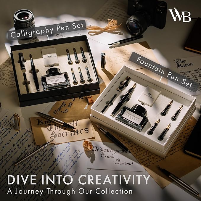 Wordsworth & Black Calligraphy Pen Gift Set, Includes Bottle, 6 Cartridges, Refill Converter, 6 Replacement Nibs, Premium Package, Journaling, Smooth Writing Pens [Silver Gold]