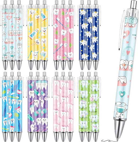 Dental Ballpoint Pens Gifts - 24PCS Tooth Themed Pens Sets Dental Assistant Ball Point Pens Retractable Smooth Writing Pens for Dental Hygienist Office Stationery Home School Supplies
