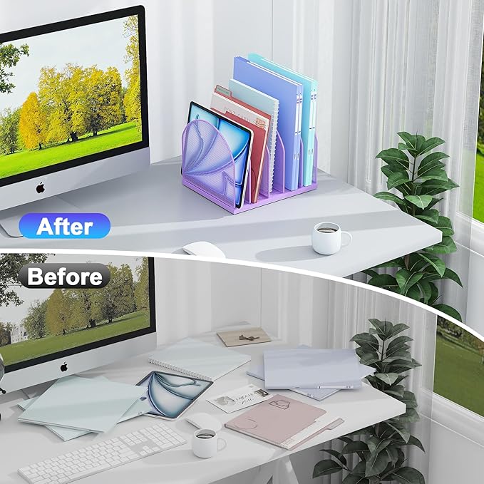 gianotter Desktop File Organizer, Desk Organizer with 5 Compartments, Paper Organizer for Desk, Workspace Organizers for Office Supplies (Purple)