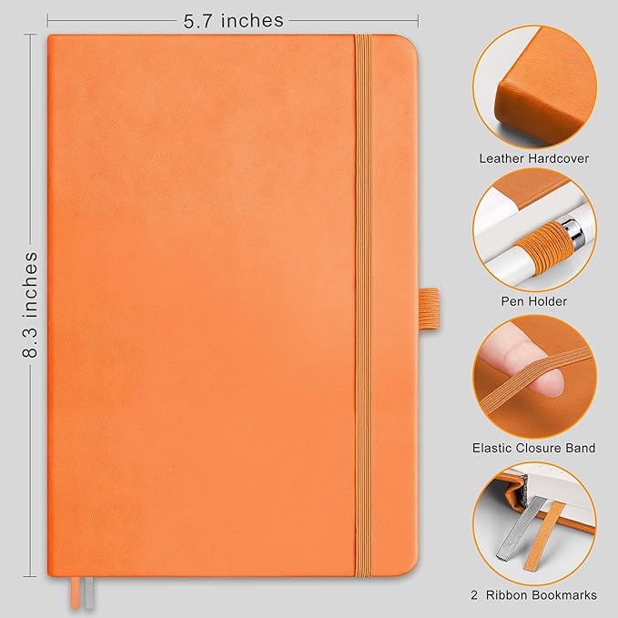 RETTACY Graph Grid Paper Notebook, 192 Pages, A5 Medium Size (5.7'' x 8.3''), 5 Squares per Inch, Leather Hardcover, 100 GSM Thick Paper, for School, Students, Math, Engineering (Orange)