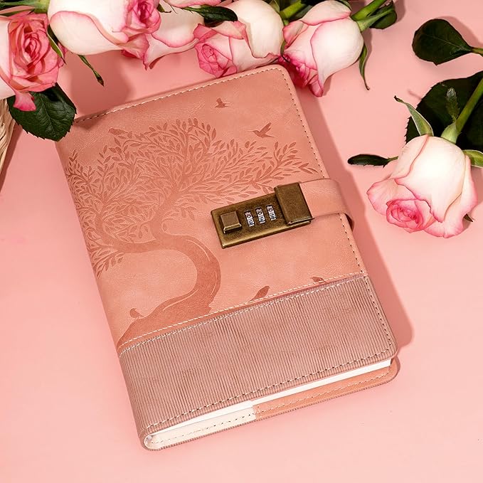 Pink Diary with Lock for Women Girls 256 Pages Leather Password Journal with Lock A5 Vintage Locked Journals for Writing Note Taking, 5.9x 8.3 in