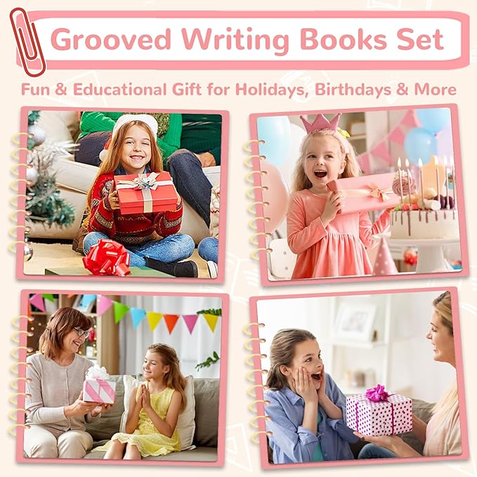 Large Size Grooved Writing Books for Kids Age 3-5 6-8, 8 Pack Magic Grooved Writing Practice Copybooks, Handwriting Prastice with Cute Fade-Resistant Pens, Workbooks Number Letter Tracing for Kids