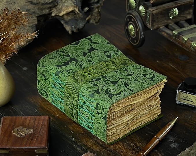 400 Page Leather Journal - Antique Handmade Deckle Edge Vintage Paper Leather Bound Journal - Book of Shadows Journal - Leather Sketchbook - Drawing Journal - Great Gift 7X5 Lock Green