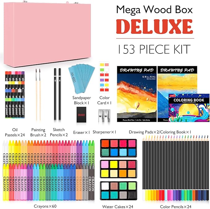 Caliart Art Supplies, 153-Pack Deluxe Art Set in Wooden Case, Crafts Drawing Painting Kits with 2 A4 Sketch Pads, Coloring Book, Stocking Stuffers Christmas Gifts for Teens Girls Kids Artists