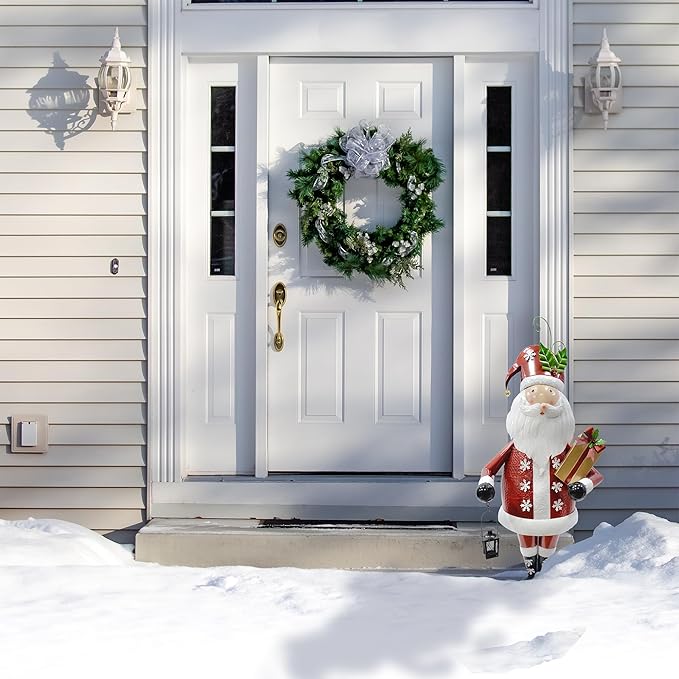 Fraser Hill Farm 50-in. Iron Santa Claus Holding Gift and Lantern with Removable Lawn Stake, Festive Holiday Decor, Indoor/Outdoor Christmas Decoration