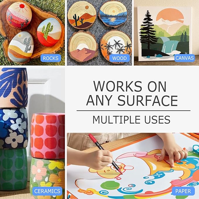 Overseas Green Acrylic Paint Markers, 6 Pack Dual Tip Paint Pens Acrylic Markers - Dot and Brush Tip Coloring Marker for Wood, Rock, Canvas, Glass, Metal, Plastic, Rubber, Fabric, School Supplies