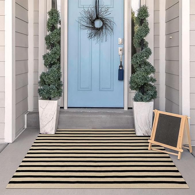 KIMODE Black and Khaki Striped Outdoor Rug 3'x 5', Washable Reversible Striped Outdoor Patio Rugs, Cotton Hand-Woven Farmhouse Welcome Layered Door Mats for Front Door, Entryway, Porch Decor