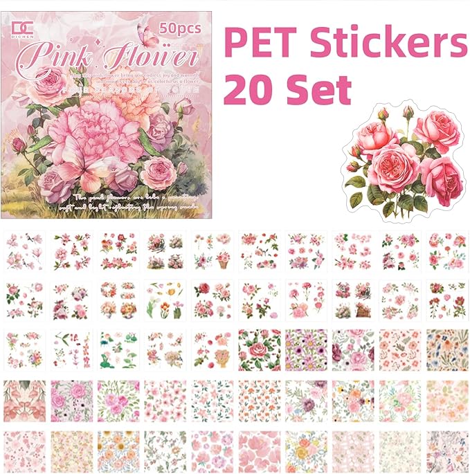 Pink Flower Theme Sticker Scrapbooking Supplies for Junk Journal 50 Sheets, Include 25 PET Stickers and 25 Paper of Scene Material Paper - Vintage Journaling Stickers (TZ-006-005)