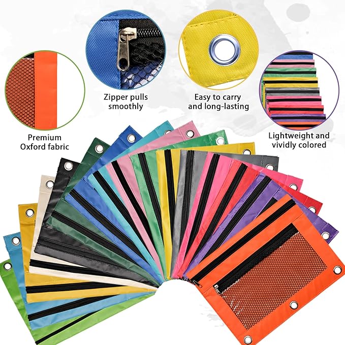 128 Pcs Pencil Pouch for 3 Ring Binder 16 Colors Zippered Pencil Pouch Bags Bulk Binder Pencil Case with Clear Window for Classroom, School, and Office Use