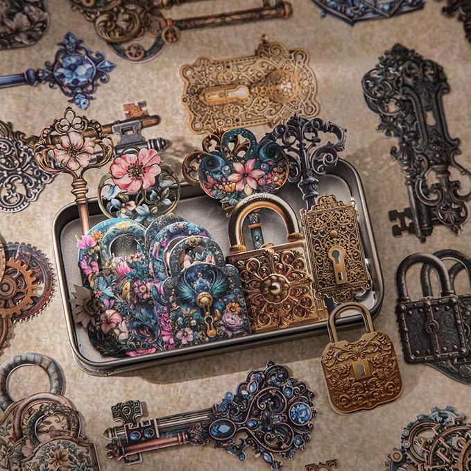 120 PCS Vintage Textured Cardstock Hollowed Key and Lock Stickers, Aesthetic Decorative Key and Lock Scrapbook Stickers for DIY Diary Junk Journal Handbook Journaling Scrapbooking Supplies Kit