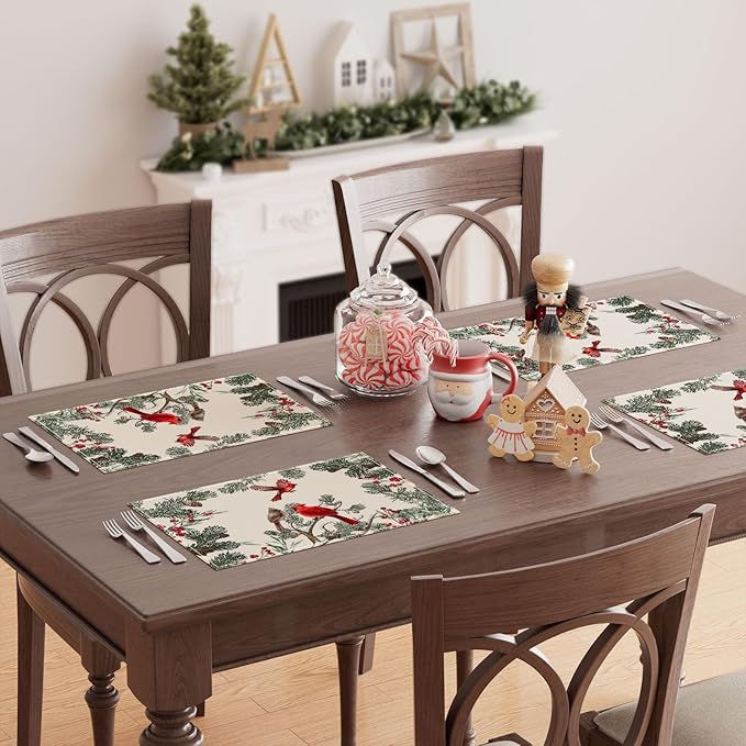 XCHI Cardinal Birds Winter Pine Tree Christmas Xmas Placemats Set of 4 Table Mats for Party Home Kitchen Dining Table Decorations 12x18 Inch