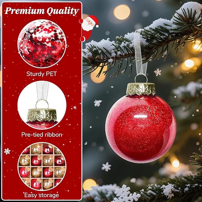 DeckTheHalls Christmas Ball Ornaments Set, 32-Piece Clear Plastic Decor for Crafts, Reusable DIY Festive Tree Decorations, Easy Hang Unbreakable Ornaments for Holiday, Party, Wedding (Red & Gold)